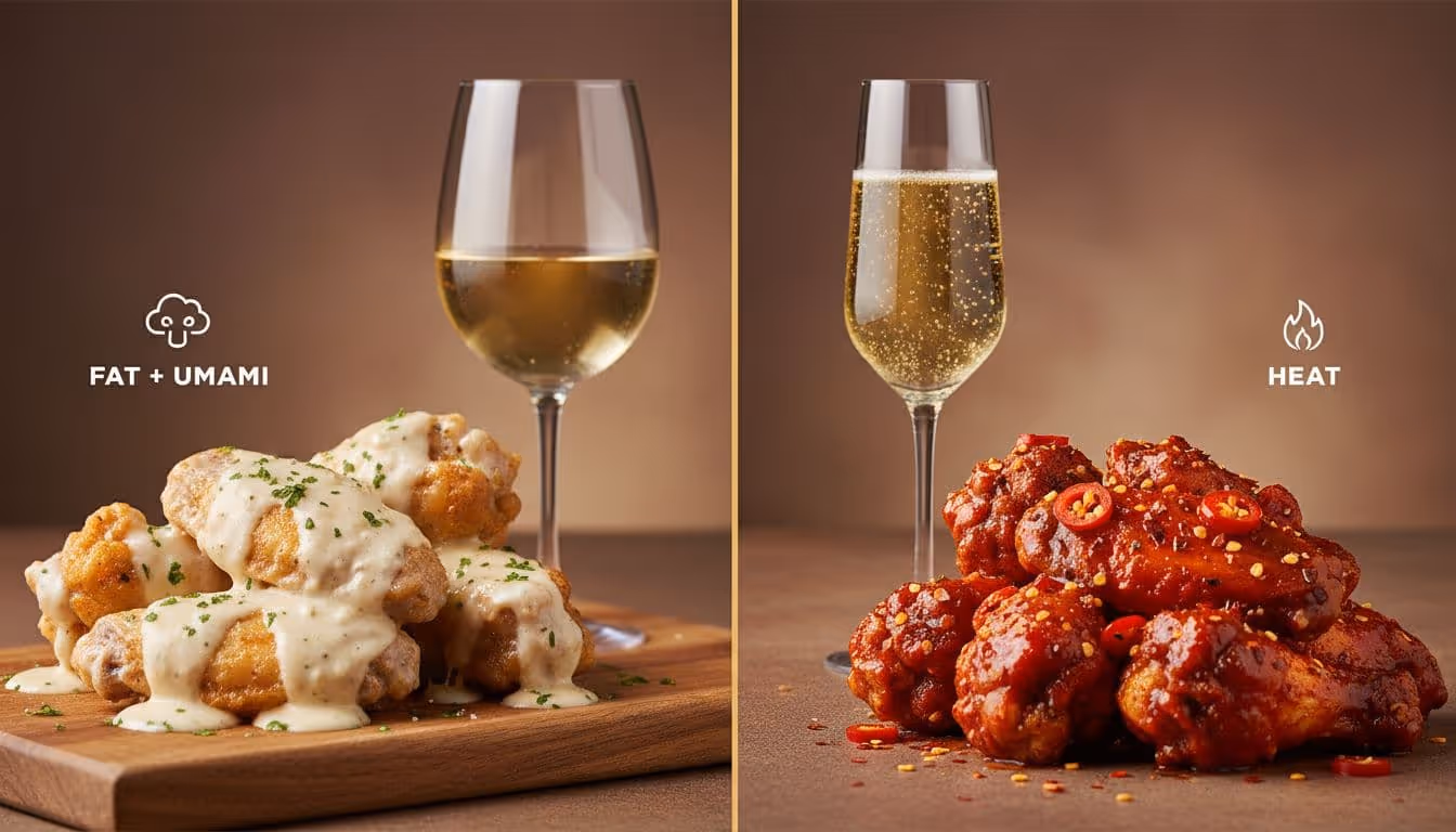 Photo-realistic split-frame editorial food image with garlic-parm wings and Chardonnay on the left emphasizing fat and umami, contrasted with extra-hot wings and Riesling on the right highlighting heat, divided by a gold line on burgundy gradient.