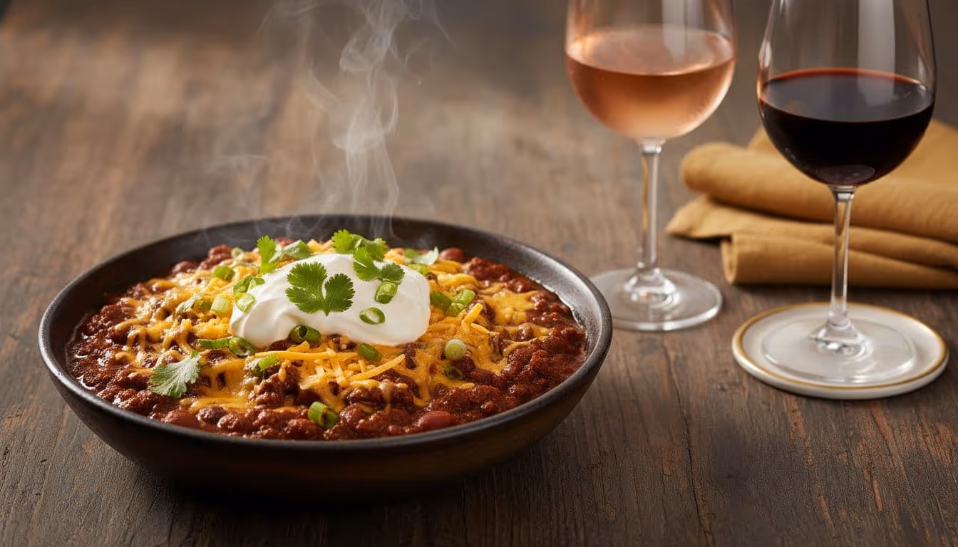 Photo-realistic close-up of a steaming bowl of beef chili topped with shredded cheddar, sour cream, chopped cilantro, and green onions on a wooden surface, paired with chilled rosé wine and fruity low-tannin red wine glasses.