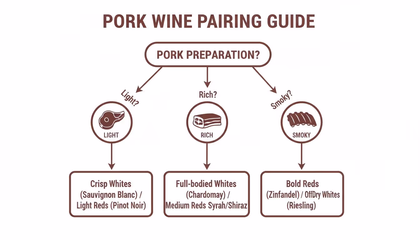 Flowchart guide for pairing wines with different pork preparations: light, rich, and smoky.