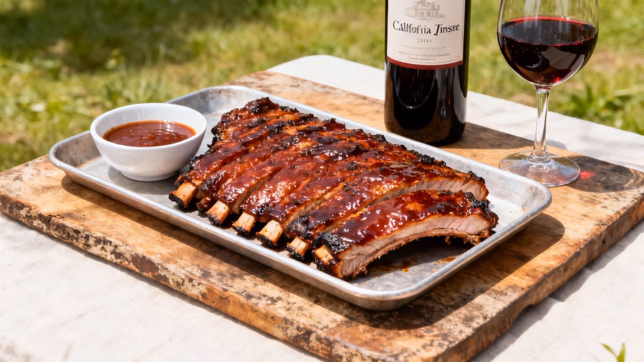 Juicy glazed BBQ ribs with dipping sauce, a bottle of red wine, and a glass on a wooden board outdoors.