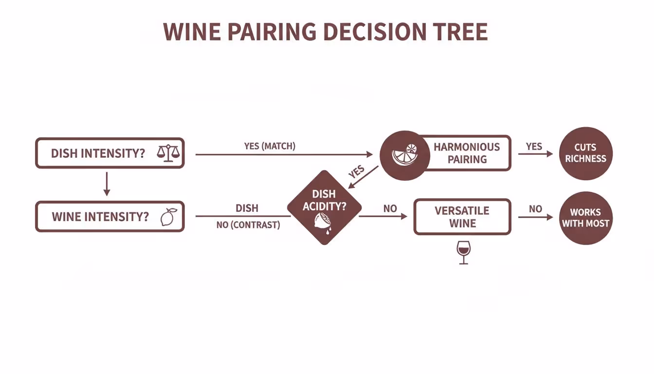 A wine pairing decision tree flowchart showing how to match wine with food based on intensity and acidity.