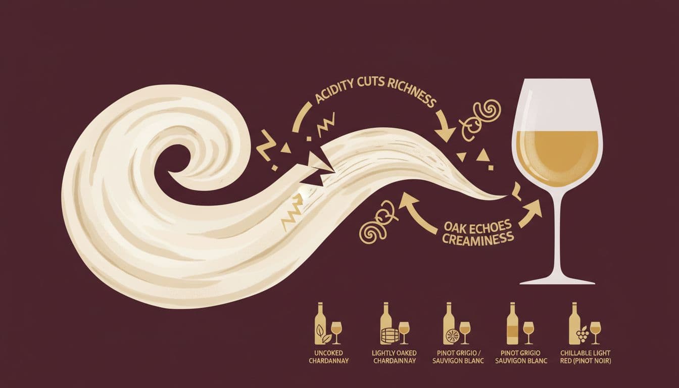 Modern editorial illustration in landscape ratio showing a simple pairing diagram of creamy sauce swirl meeting wine glass, with arrows illustrating acidity cuts richness and oak echoes creaminess. Features silhouettes of unoaked Chardonnay, lightly oaked Chardonnay, Pinot Grigio, Sauvignon Blanc, and chillable light reds like Pinot Noir on a deep burgundy backdrop with warm gold accents.