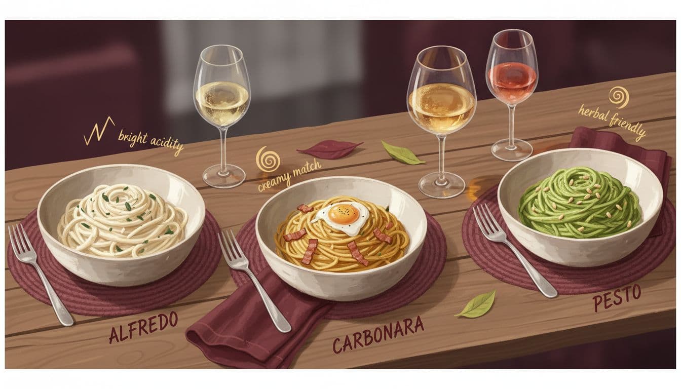 Modern editorial illustration of a cozy overhead table scene with three creamy pasta bowls labeled Alfredo, Carbonara, and Pesto, each paired with a distinct wine glass in crisp white, fuller white, and light red hues. Features deep burgundy accents and warm gold highlights in a clean, high-contrast illustrative style.