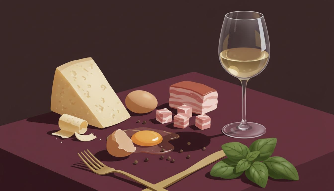 Modern editorial food illustration featuring close-up still life of carbonara ingredients like eggs, pecorino cheese, guanciale, black pepper, a white wine glass, and basil herb bundle on a burgundy tablecloth with gold cutlery accents.