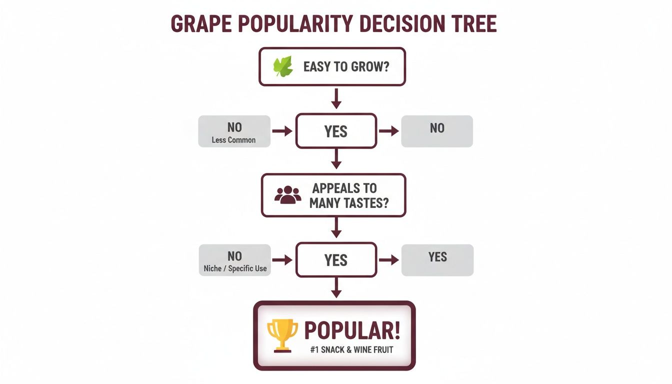 A decision tree flowchart illustrating factors for grape popularity, including ease of growth and taste appeal.