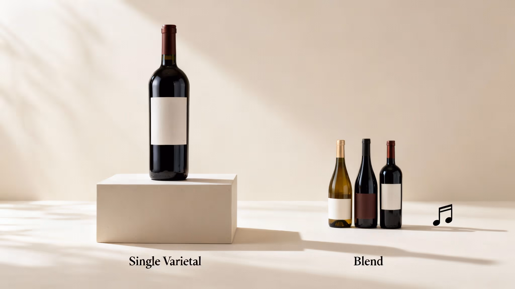 A single varietal red wine bottle on a pedestal contrasted with three blend wine bottles.