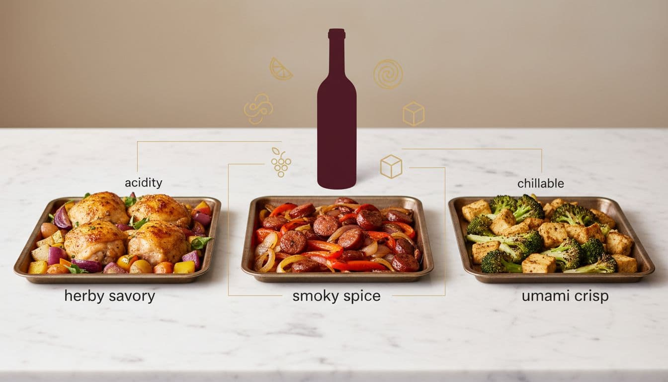 Photorealistic hybrid image for a wine pairing blog, showing three sheet-pan sections on marble: roasted chicken and veggies (herby savory), sausage with peppers and onions (smoky spice), crispy tofu and broccoli (umami crisp), connected via arrows to a burgundy wine silhouette with gold icons for acidity, body, fruit, and chillable.
