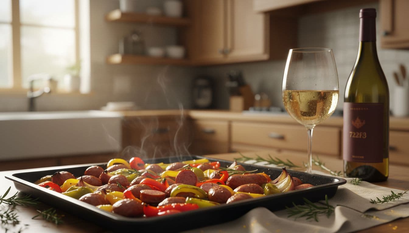Photorealistic close-up of a steaming sheet pan with mixed sausage slices, bell peppers, and onions on a cozy home dinner table, paired with chilled white wine glass and bottle, evoking high-end food blog aesthetic with warm lighting and subtle textures.