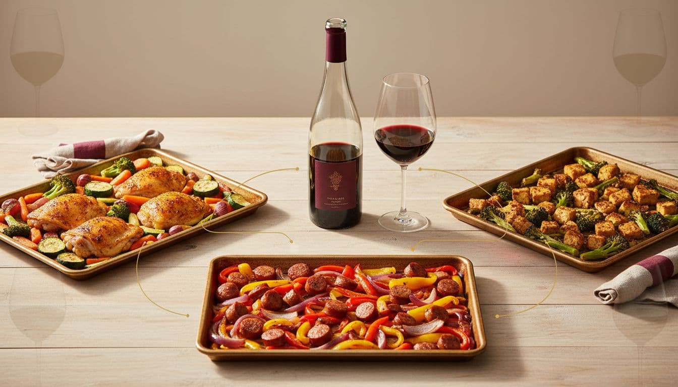 Photorealistic hybrid image blending cookbook photography and minimalist infographics, centering a burgundy wine bottle and glass with three sheet-pan dinners (roasted chicken thighs with vegetables, Italian sausages with peppers and onions, and crispy tofu with broccoli) linked by gold lines on a light wooden surface.
