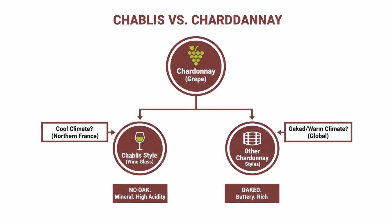 Diagram explaining Chablis vs. Chardonnay, distinguishing styles based on climate, oak, and flavor profiles.