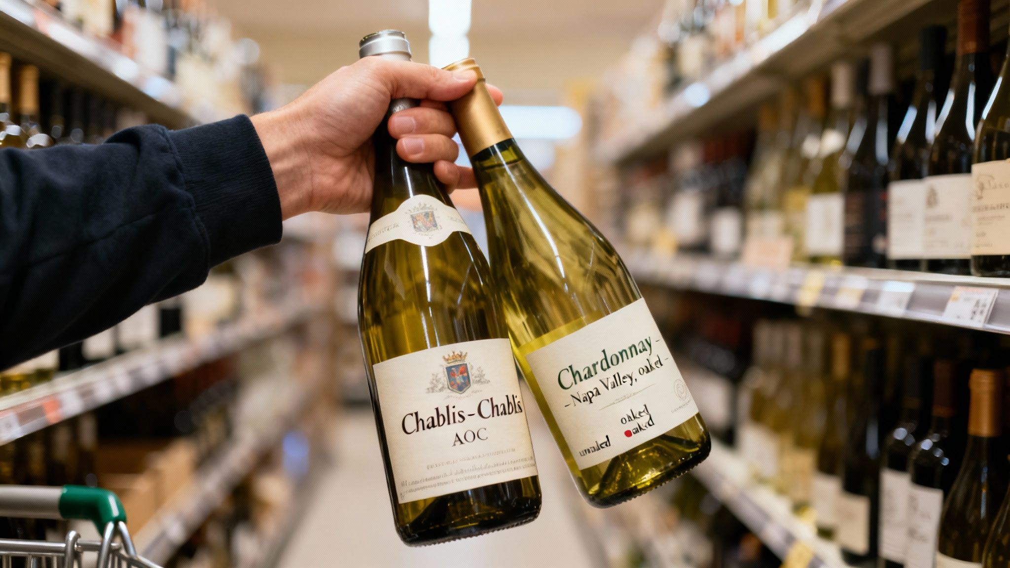 Close-up of a hand holding bottles of Chablis and Chardonnay white wine in a store.