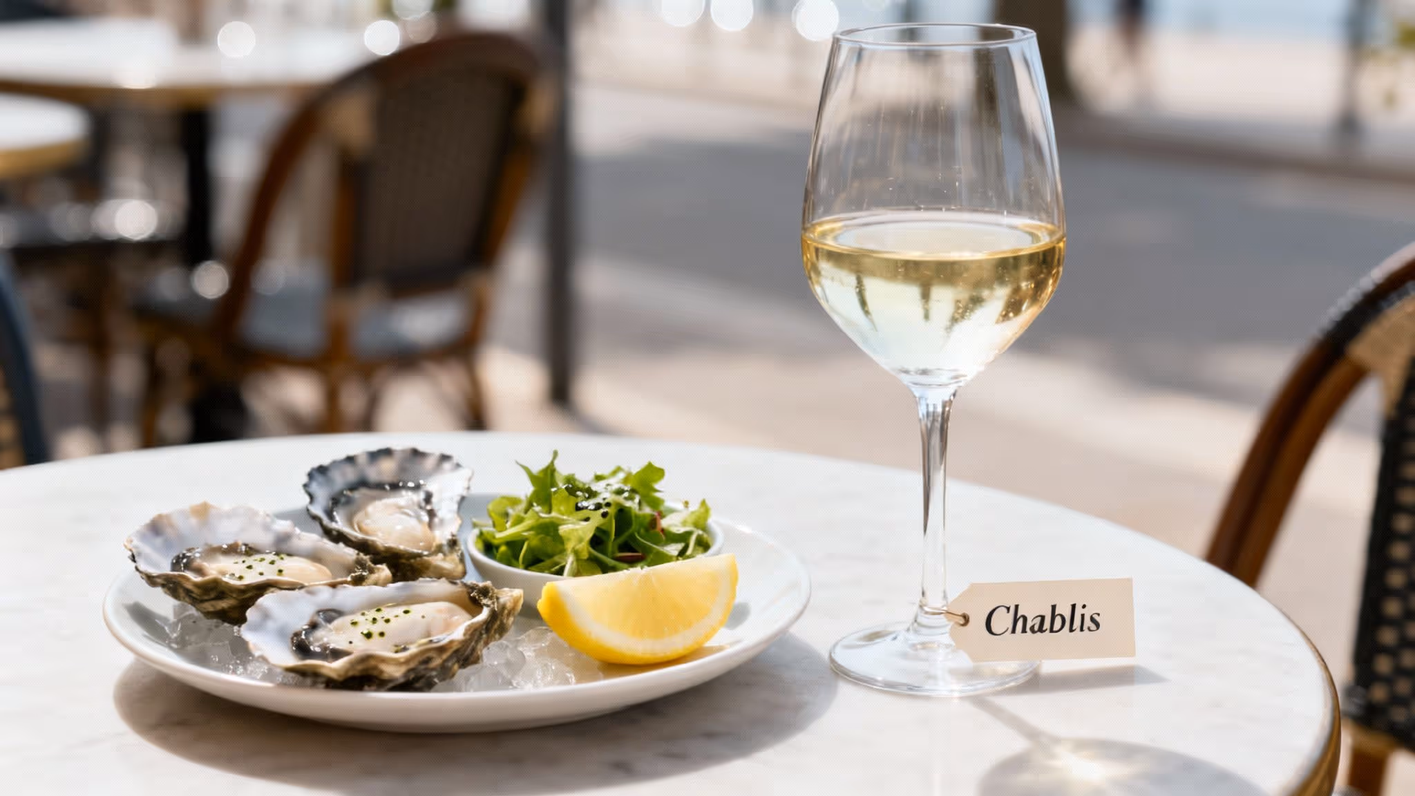 A plate of fresh oysters on ice, a glass of Chablis wine, salad, and lemon on an outdoor cafe table.