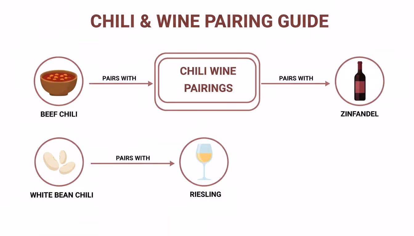 A simple diagram illustrating a chili and wine pairing guide, linking types of chili to specific wines.