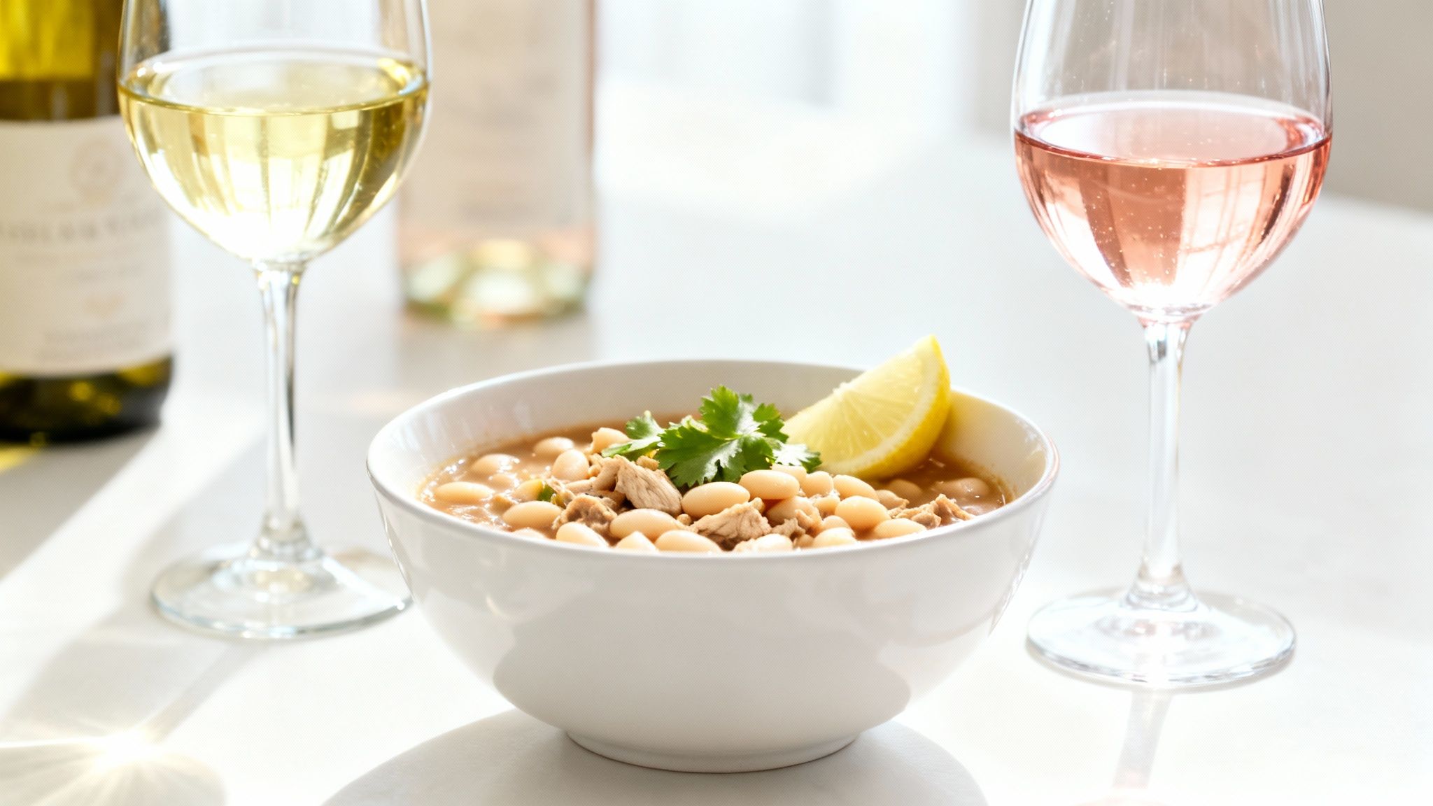A delicious bowl of white bean chicken chili with cilantro and lemon, paired with white and rosé wine.