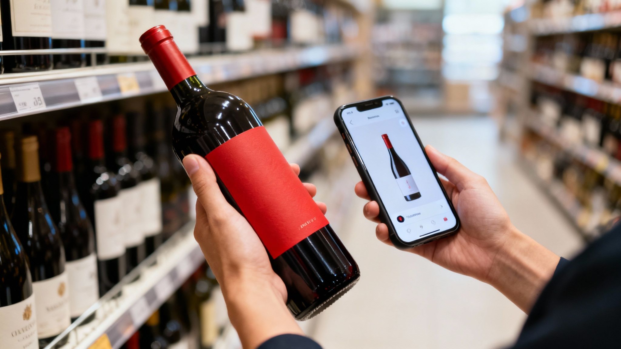A person in a wine shop uses a smartphone to scan a red wine bottle with a blank red label.