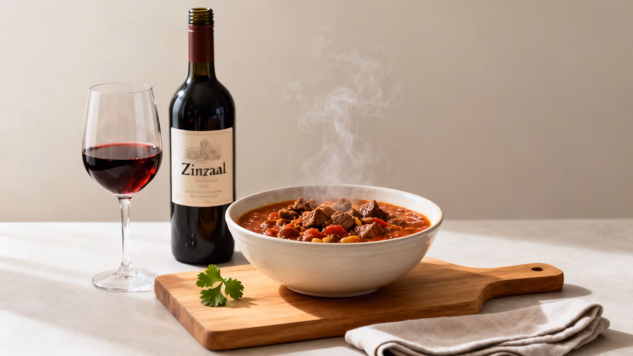 A steaming bowl of chili with beef and beans, served with a bottle and glass of red wine.