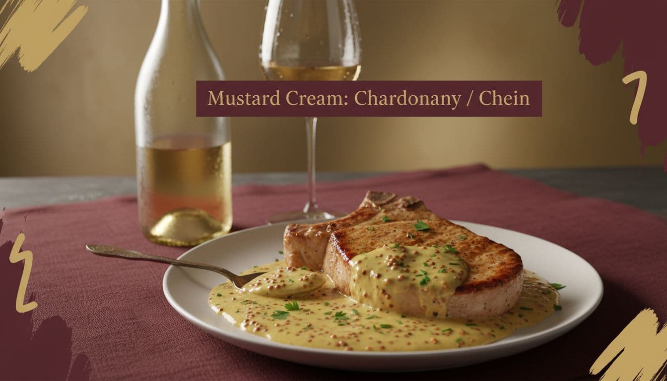 Photo-realistic editorial illustration of a pork chop in rich creamy mustard sauce with Dijon grains and fresh herbs, paired with a chilled Chardonnay or Chenin Blanc wine glass and bottle silhouette, in warm burgundy and muted gold tones.