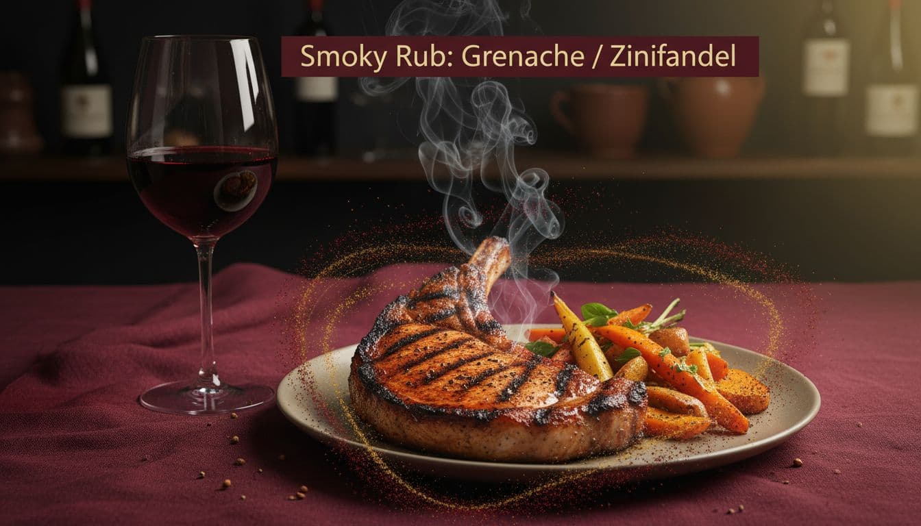 A photo-realistic illustration of a smoky paprika-rubbed pork chop with char marks and roasted vegetables, paired with a glass of medium-bodied red wine like Grenache or Zinfandel, in a warm burgundy and gold editorial style for a food-and-wine blog.