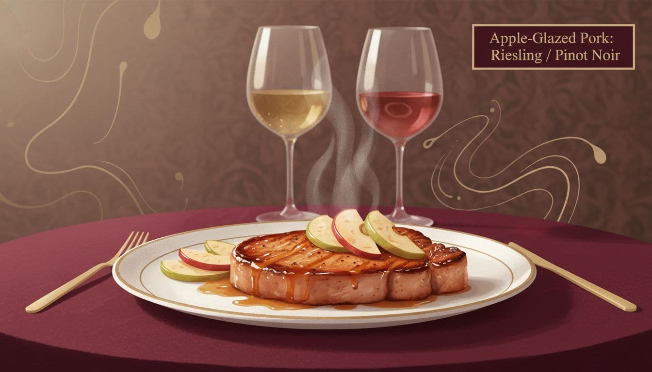Photo-realistic illustration of a juicy pork chop with glossy apple glaze and sautéed apples, paired with glasses of crisp white Riesling and light red Pinot Noir, in a warm burgundy and muted gold style for a food-and-wine blog.