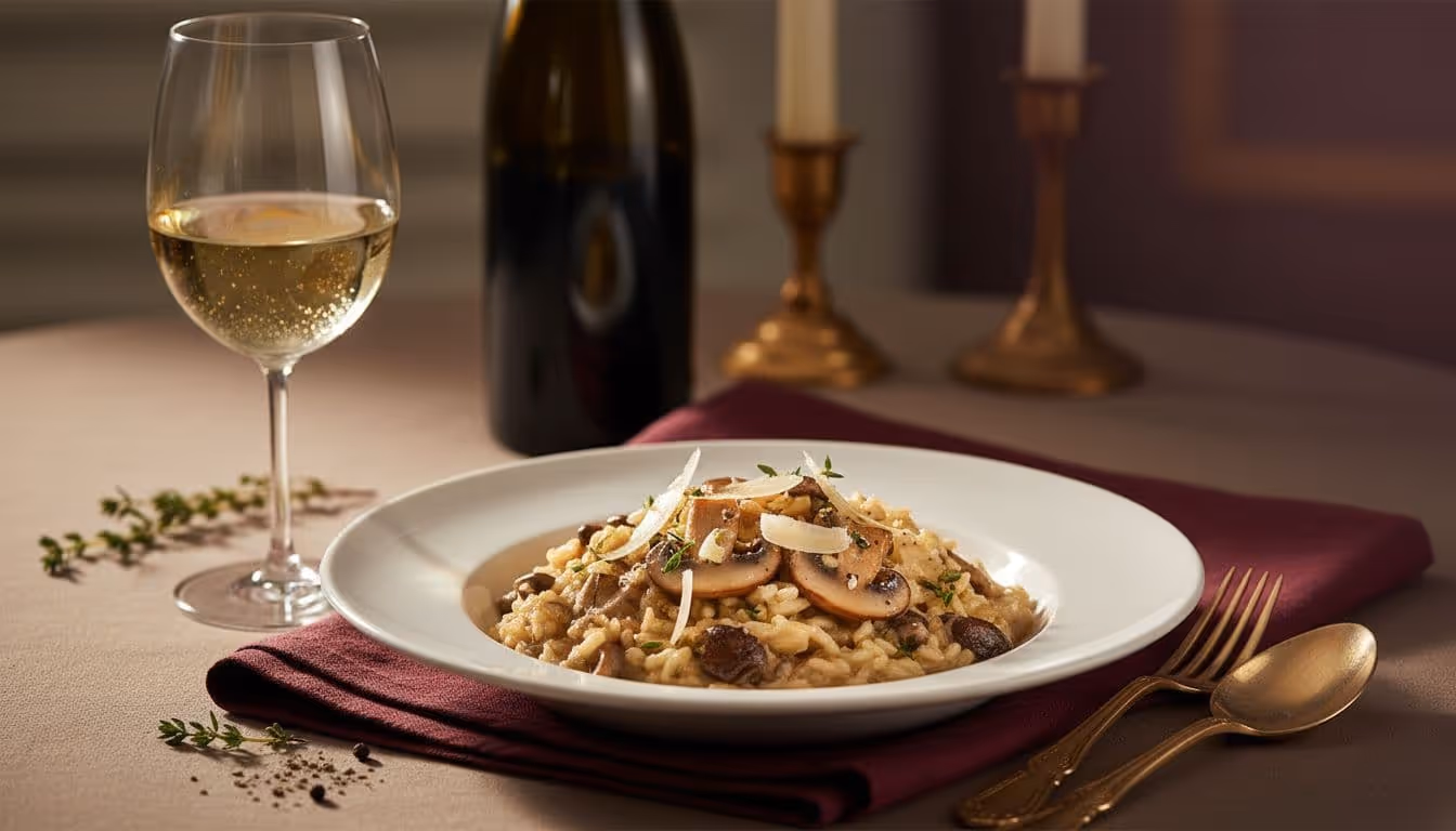 Photorealistic upscale food image featuring creamy mushroom risotto in a white bowl alongside a chilled glass of bright white wine, evoking a moody warm dinner aesthetic with deep burgundy and antique gold accents under soft golden hour lighting.