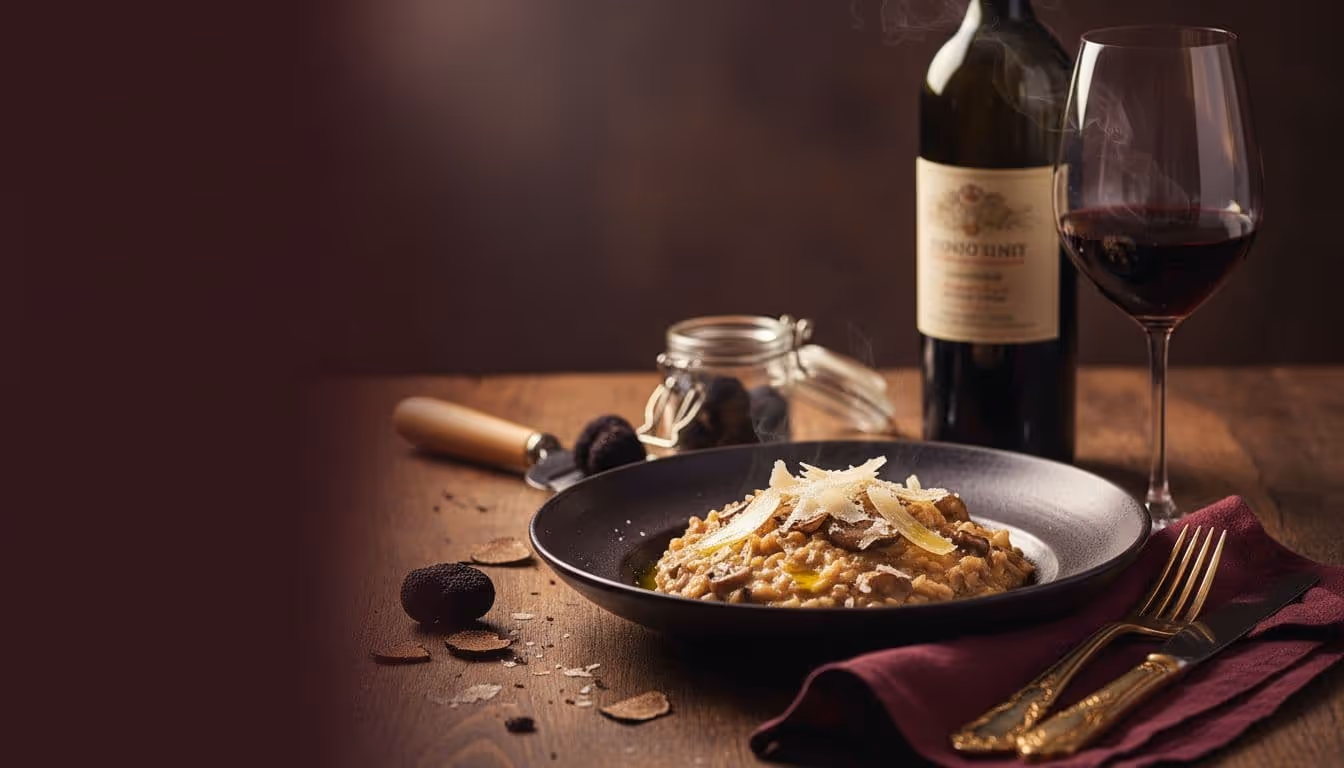 Photorealistic upscale image of creamy truffle mushroom risotto paired with light-bodied red wine like Pinot Noir, featuring moody warm lighting, burgundy and antique gold accents for a luxurious dinner aesthetic.