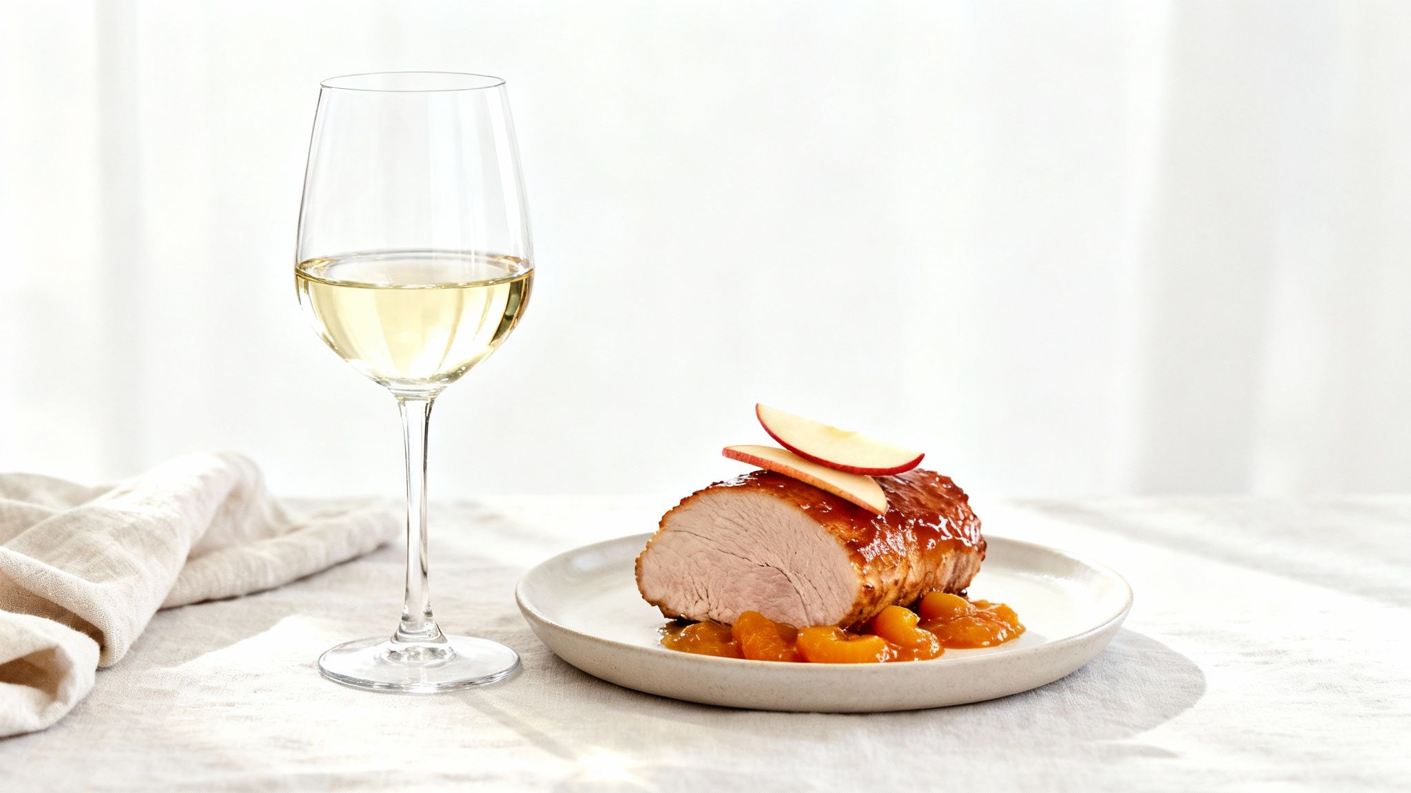 A glass of white wine next to a plate with sliced pork tenderloin, apple, and fruit compote.