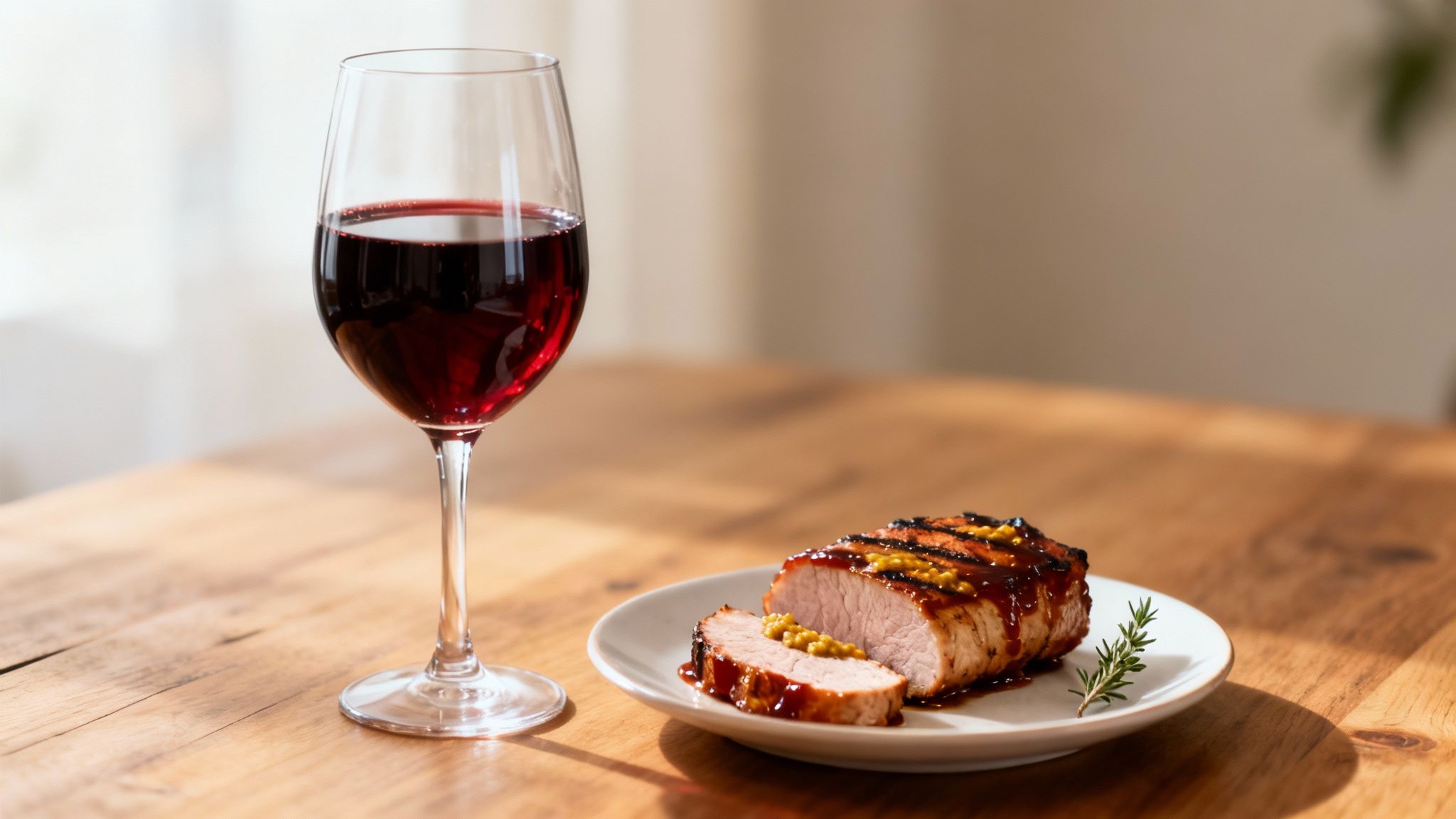 A glass of red wine sits beside a plate of sliced pork tenderloin with sauce and mustard on a wooden table.
