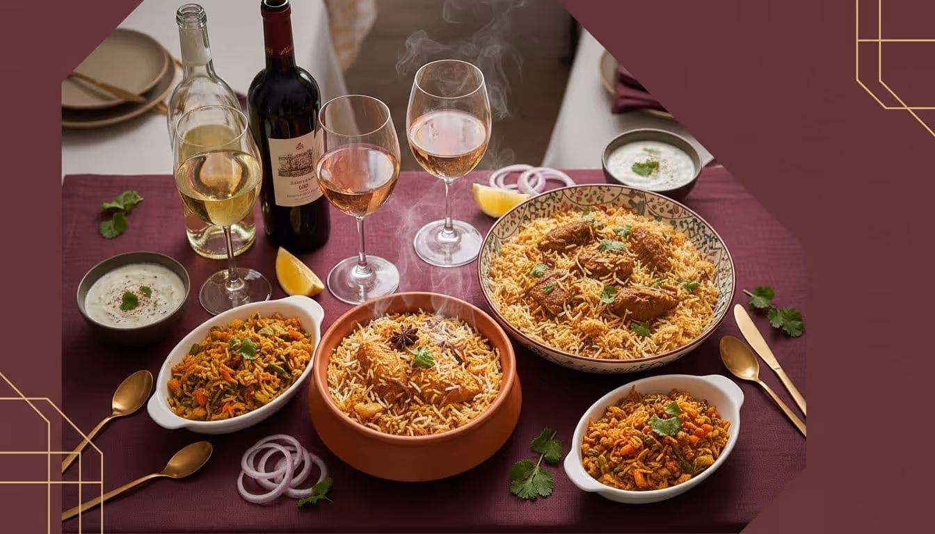 Overhead photorealistic scene of a biryani night feast with steaming chicken, lamb, and veggie biryani in pots and bowls, accompanied by raita, onions, lemon, herbs, wine glasses of white, rosé, and light red, plus crisp white and fruity red bottles on a burgundy runner with gold accents. Modern editorial style in deep burgundy and warm gold tones, warm inviting lighting, negative space top-right for text.