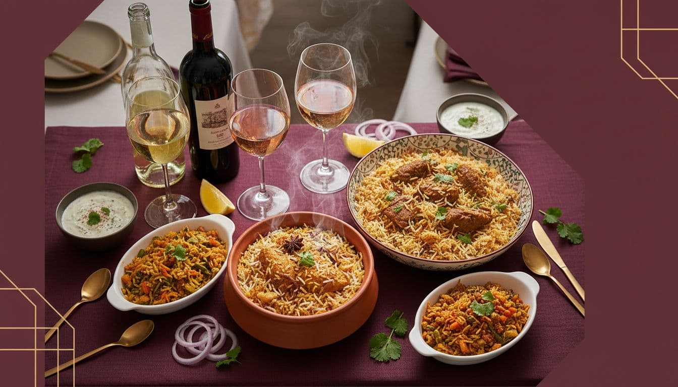 Overhead photorealistic scene of a biryani night feast with steaming chicken, lamb, and veggie biryani in pots and bowls, accompanied by raita, onions, lemon, herbs, wine glasses of white, rosé, and light red, plus crisp white and fruity red bottles on a burgundy runner with gold accents. Modern editorial style in deep burgundy and warm gold tones, warm inviting lighting, negative space top-right for text.