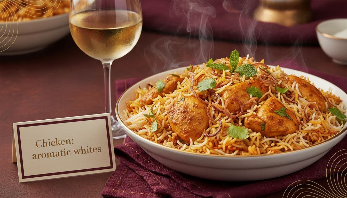 Photorealistic modern editorial close-up of chicken biryani with saffron rice, fried onions, and herbs beside a chilled glass of off-dry Riesling or Gewürztraminer. Features deep burgundy and warm gold accents on napkin and bowl, with a label reading “Chicken: aromatic whites”, steam rising under appetizing warm lighting.