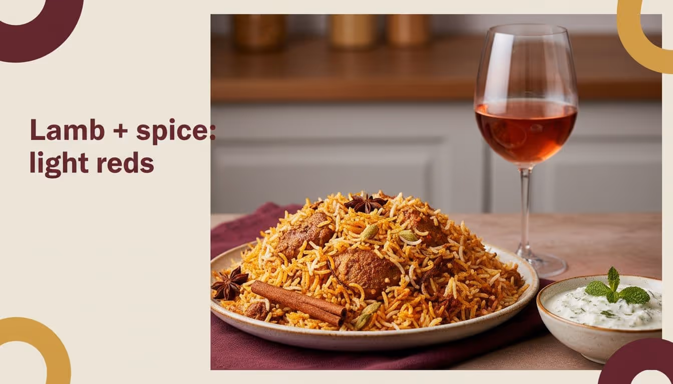 Photorealistic close-up of lamb biryani with deeper spices, a small bowl of creamy raita, and a glass of light ruby Grenache Pinot Noir, styled in modern editorial food photography using deep burgundy and warm gold accents.