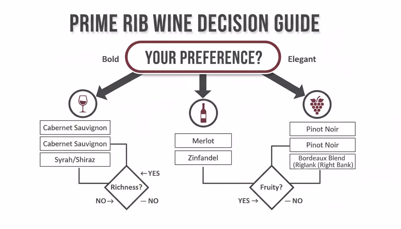 A decision guide for pairing wine with prime rib based on preferences and characteristics.