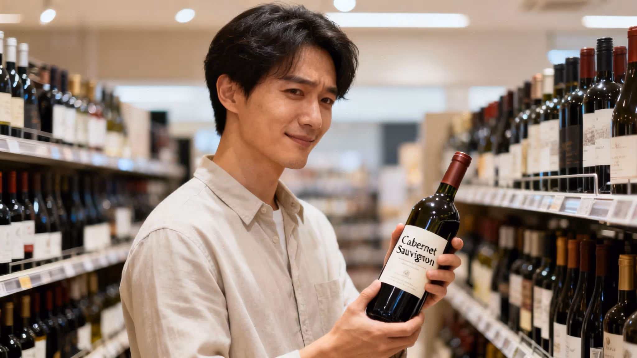 Smiling man in a wine store aisle holds a bottle of Cabernet Sauvignon wine, looking at the camera.
