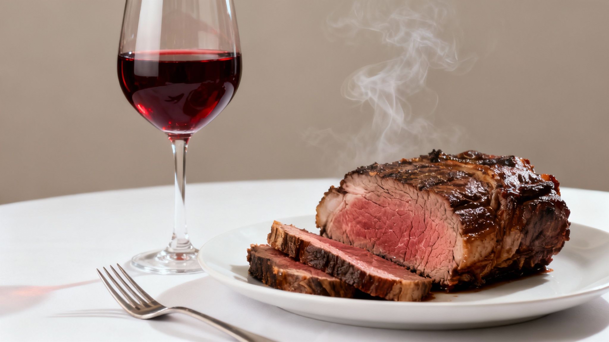 A steaming, perfectly cooked prime rib roast, partially sliced, on a white plate with a glass of red wine.