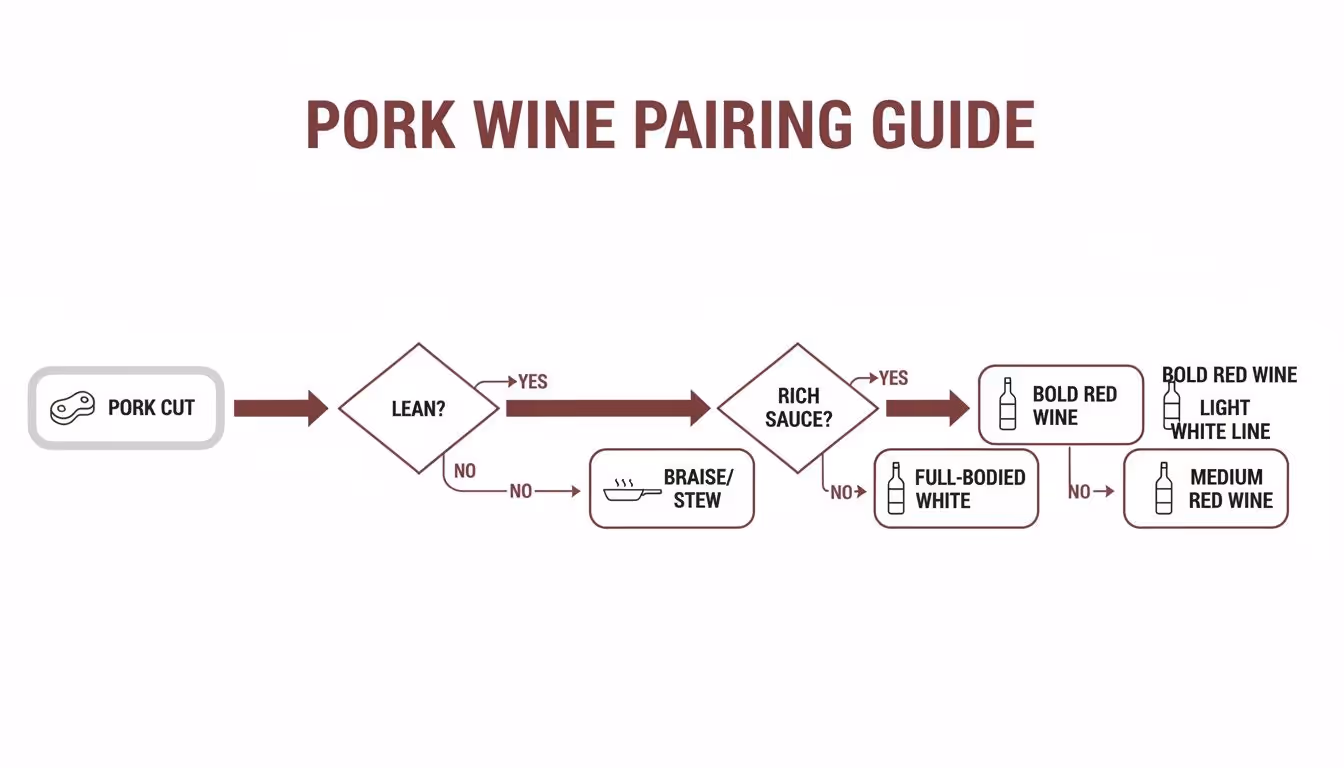 Flowchart illustrating a pork wine pairing guide based on cut leanness, sauce richness, and cooking method.