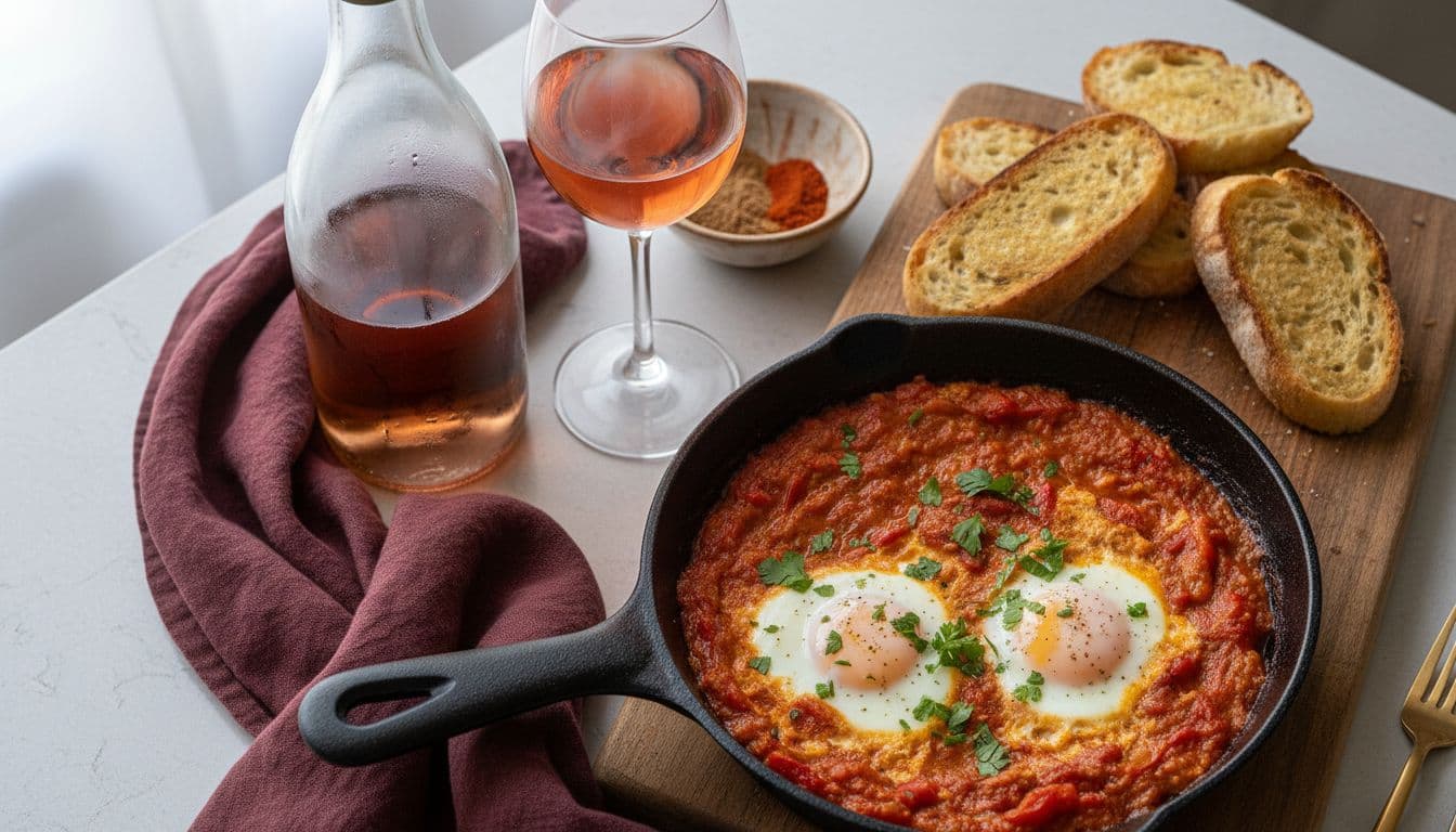 Overhead three-quarter view of cast-iron skillet with mild shakshuka, poached eggs, herbs, paired with dry rosé wine, spices, and toasted bread on a burgundy and gold table setting.