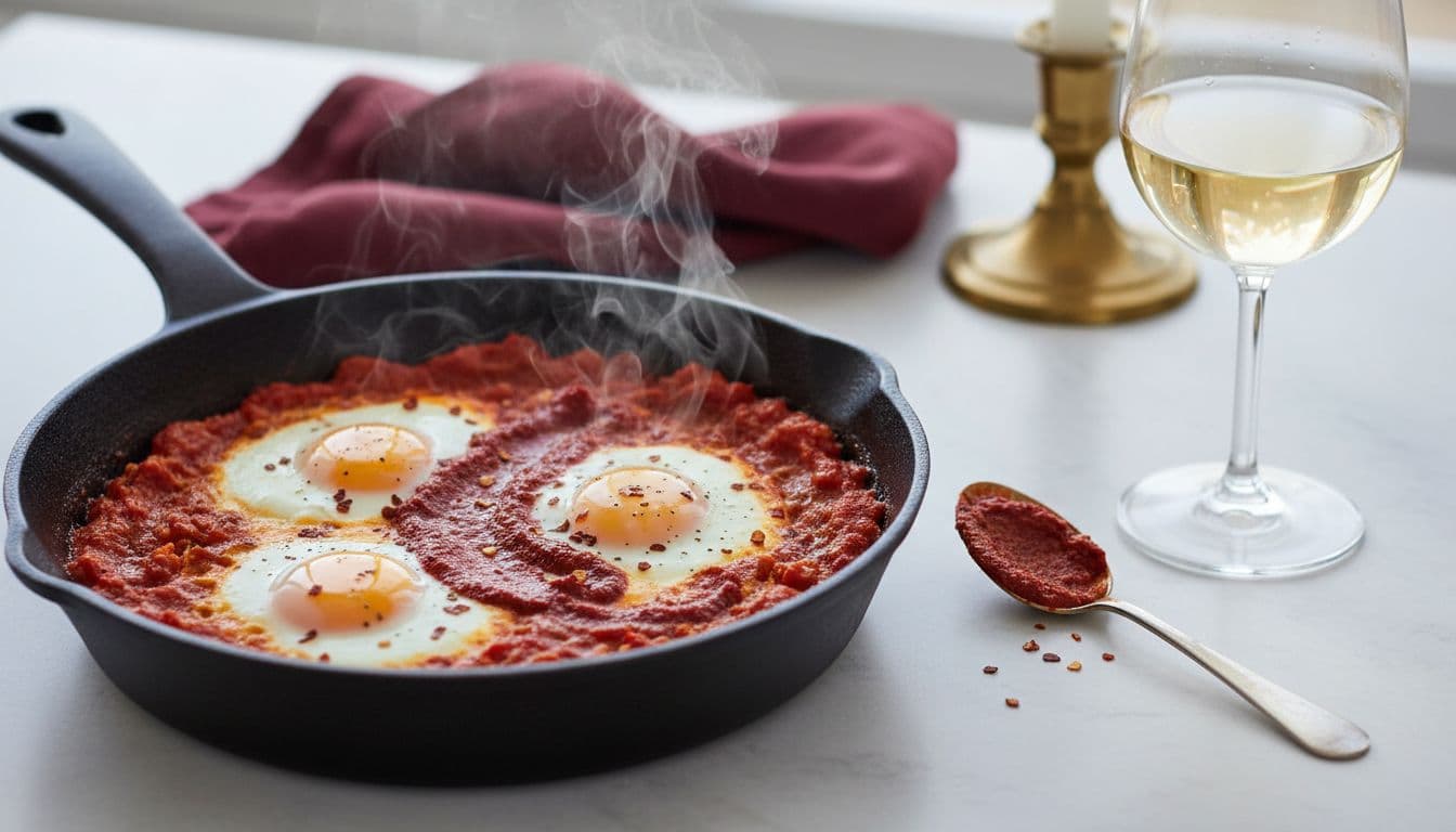 Three-quarter angle shot of a steaming cast-iron skillet with spicy harissa shakshuka, featuring poached eggs, tomato base, red chili flakes, and harissa swirl, alongside a glass of pale gold white wine and harissa paste spoon.