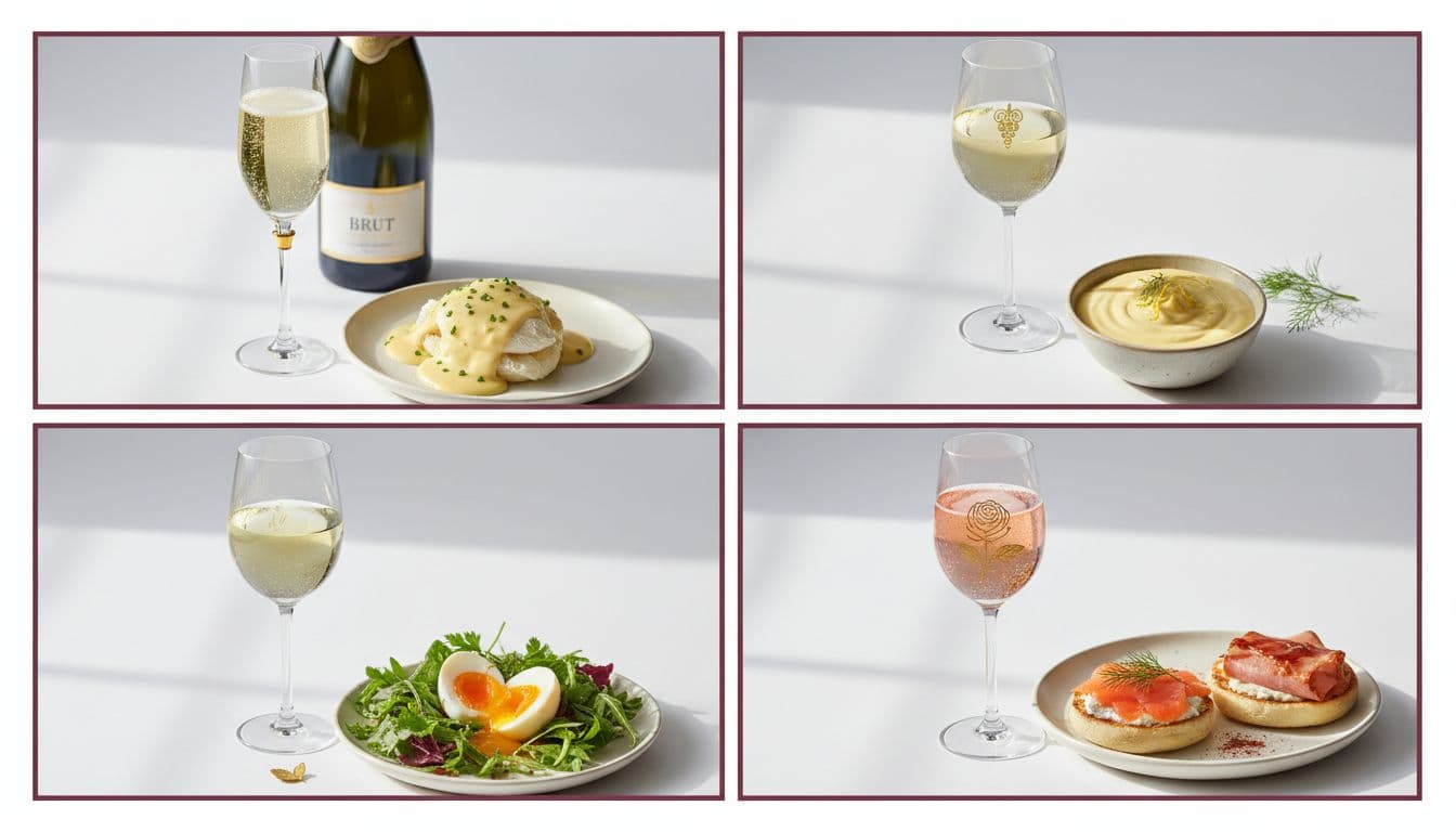 Photo-realistic split-panel layout displaying four wine pairings for brunch: brut Champagne with hollandaise eggs, dry Riesling with lemony hollandaise, Grüner Veltliner with herb greens and egg, and light Pinot Noir with smoked salmon.
