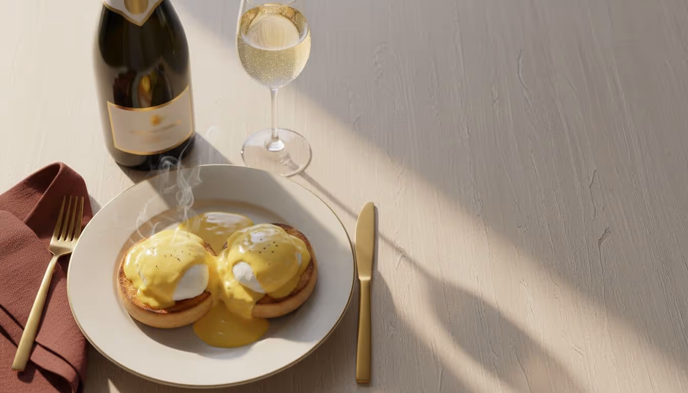 Photo-realistic overhead view of a brunch table set for Eggs Benedict with golden poached eggs on toasted English muffins topped with glossy hollandaise sauce, sparkling wine flute, burgundy napkin, and gold accents.