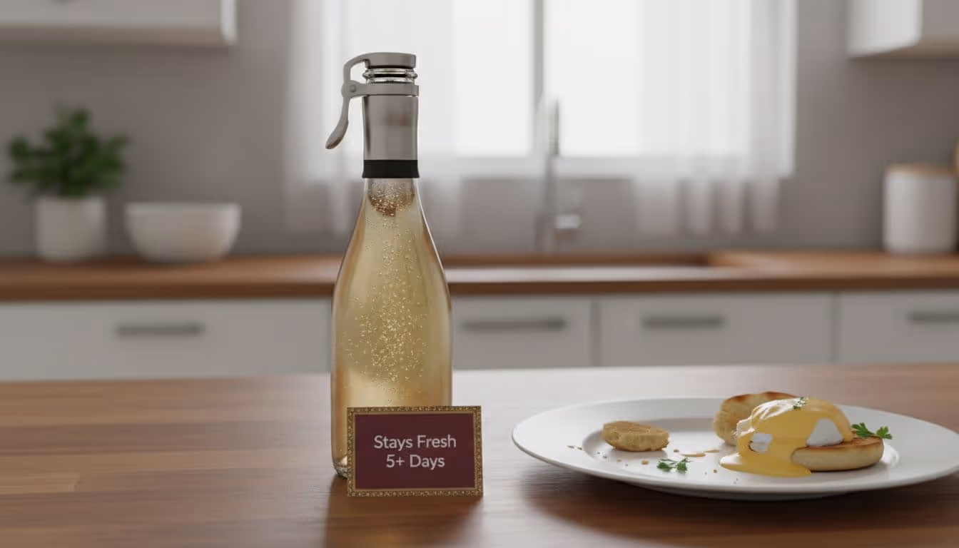 Photo-realistic close-up of an open sparkling wine bottle with vacuum preservation stopper on a wooden kitchen counter next to a brunch plate with Eggs Benedict remnants and a note card stating 'Stays Fresh 5+ Days'. Soft morning light highlights the stopper mechanism, bubbles in the bottle neck, and fresh sauce shine in a clean modern kitchen aesthetic.