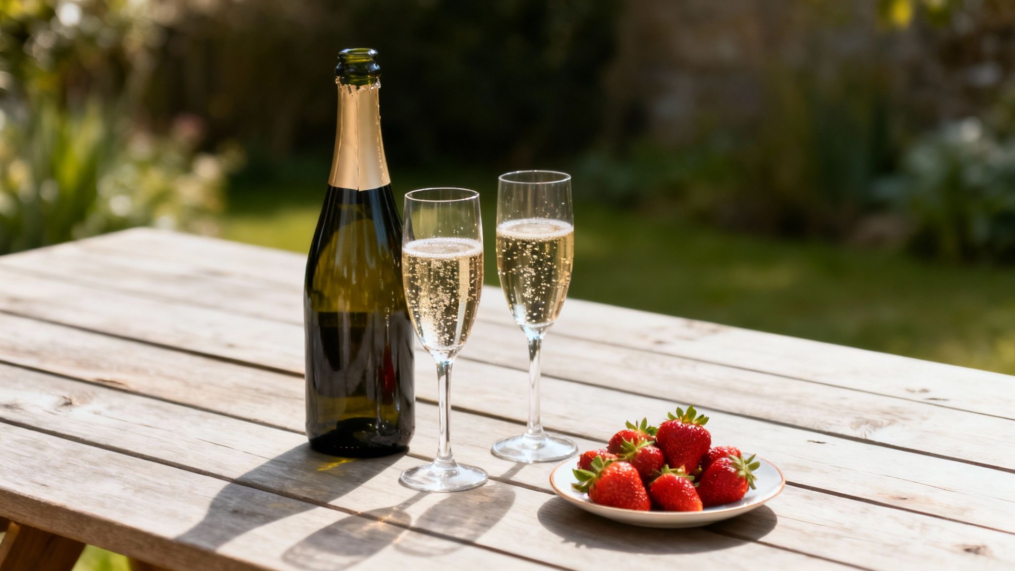 A bottle of sparkling wine, two full flutes, and fresh strawberries on a rustic outdoor wooden table.