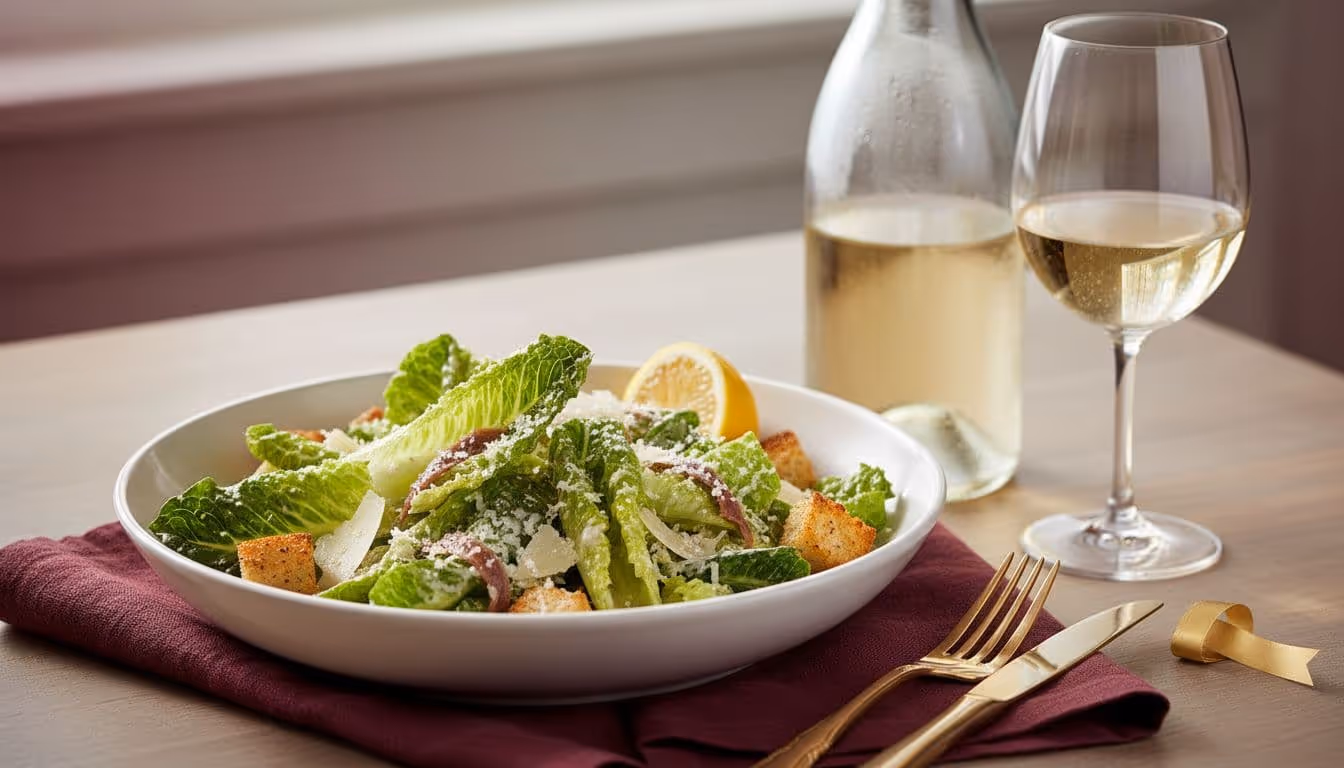 Photo-realistic high-detail food photography of a classic Caesar salad in a white ceramic bowl with crisp romaine, shaved parmesan, croutons, anchovy fillets, and lemon wedge, paired with a chilled bottle and glass of dry white wine. Features a gold ribbon tag, burgundy napkin, and gold cutlery on a soft neutral kitchen table.
