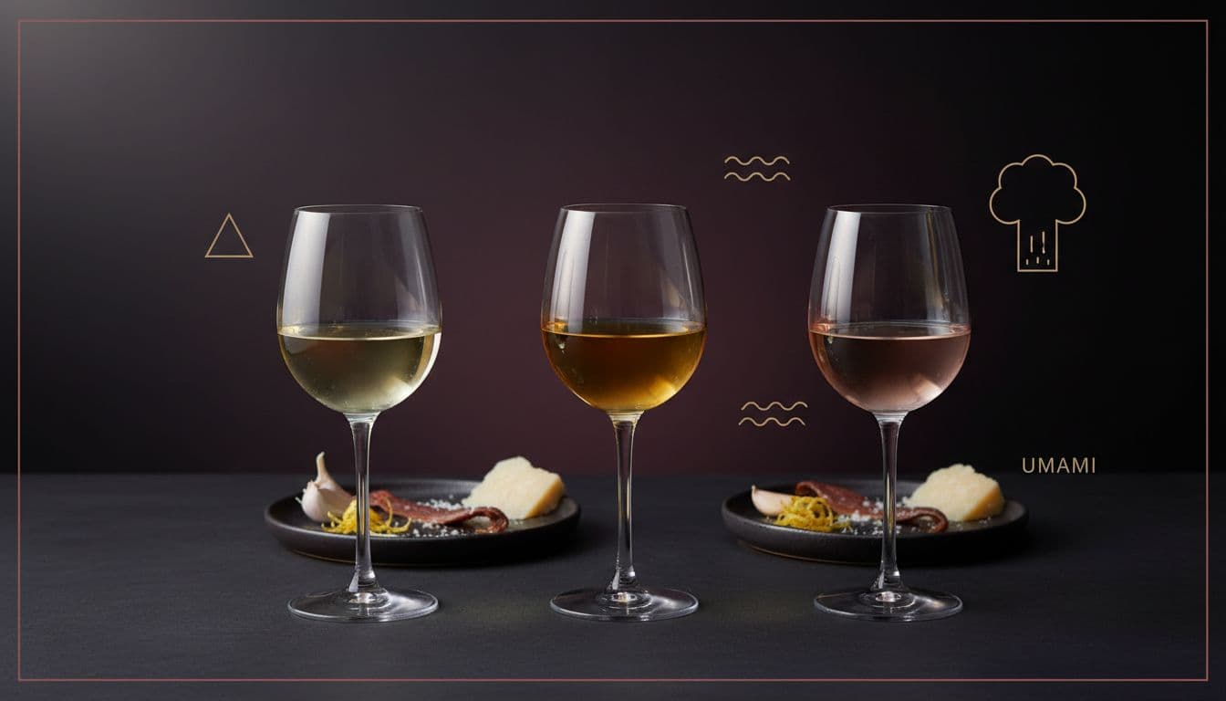 Photo-realistic editorial food photography of a tasting lineup with three wine glasses (pale straw white, golden white, and pale rosé) paired with Caesar salad elements like garlic, anchovy, lemon zest, and parmesan on a dark gradient background.