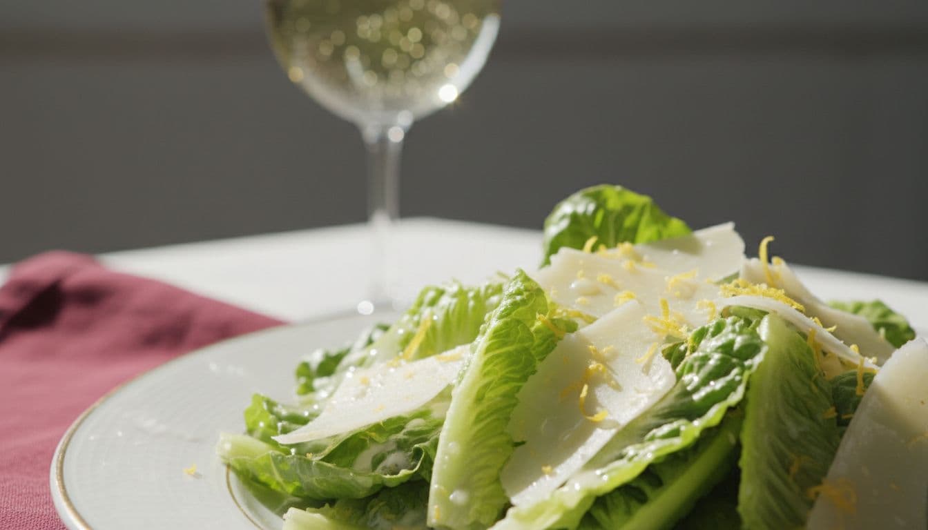 Photo-realistic macro close-up of parmesan shavings and bright lemon zest on fresh romaine leaves with glossy dressing droplets, soft bokeh background with white wine glass, burgundy napkin, and gold-rimmed plate.