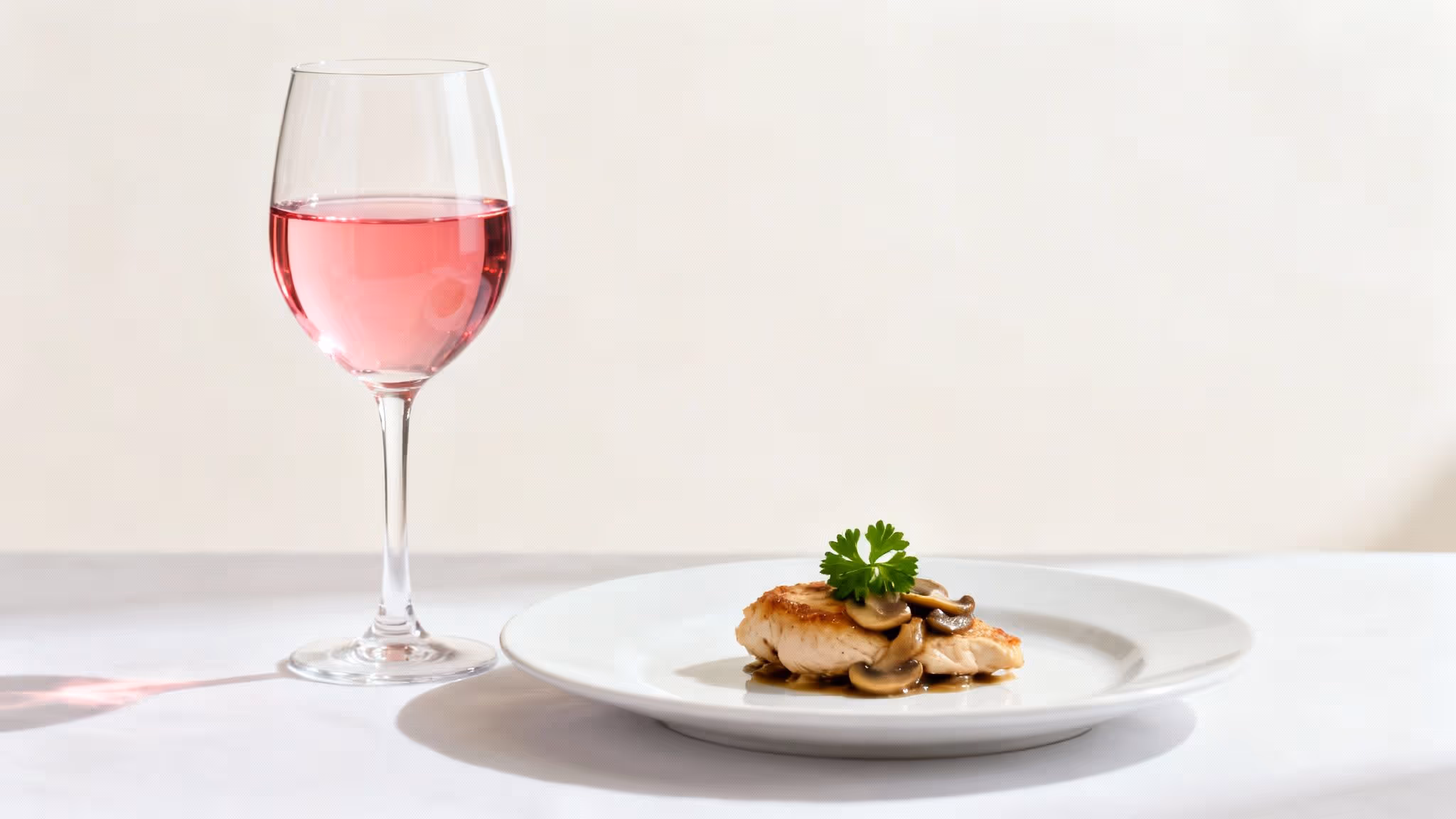 A glass of pink rosé wine stands next to a plate of chicken marsala with mushrooms and parsley.