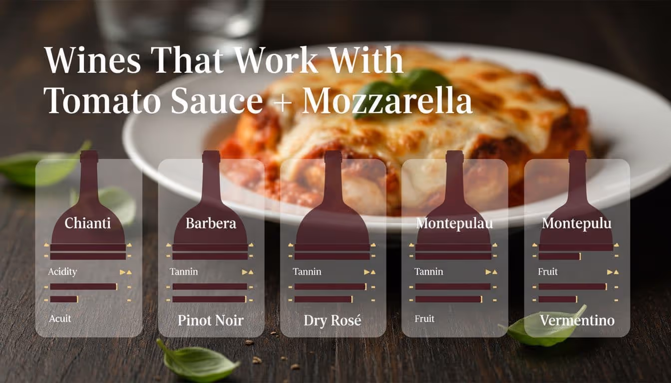 Photorealistic modern editorial food photography of a chicken parmesan dish with tomato sauce and cheese in the softly blurred background, featuring sharp foreground semi-transparent wine silhouette cards for Chianti, Barbera, Montepulciano, Pinot Noir, Dry Rosé, and Vermentino with infographic gauge bars for acidity, tannin, and fruit levels.