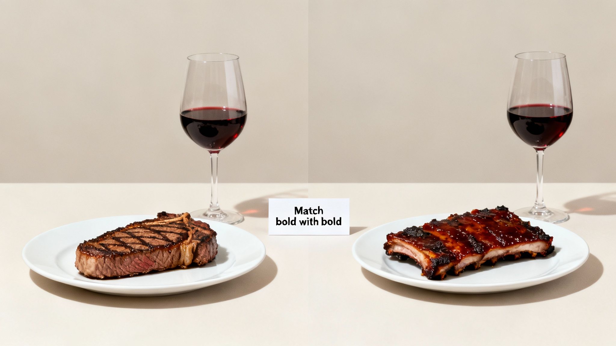 A grilled T-bone steak and BBQ ribs on plates, each paired with a glass of bold red wine.