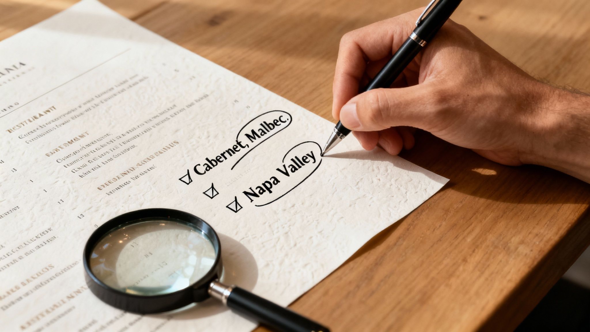 A hand writes on a checklist with a pen, circling 'Cabernet, Malbec' and 'Napa Valley' wine selections.