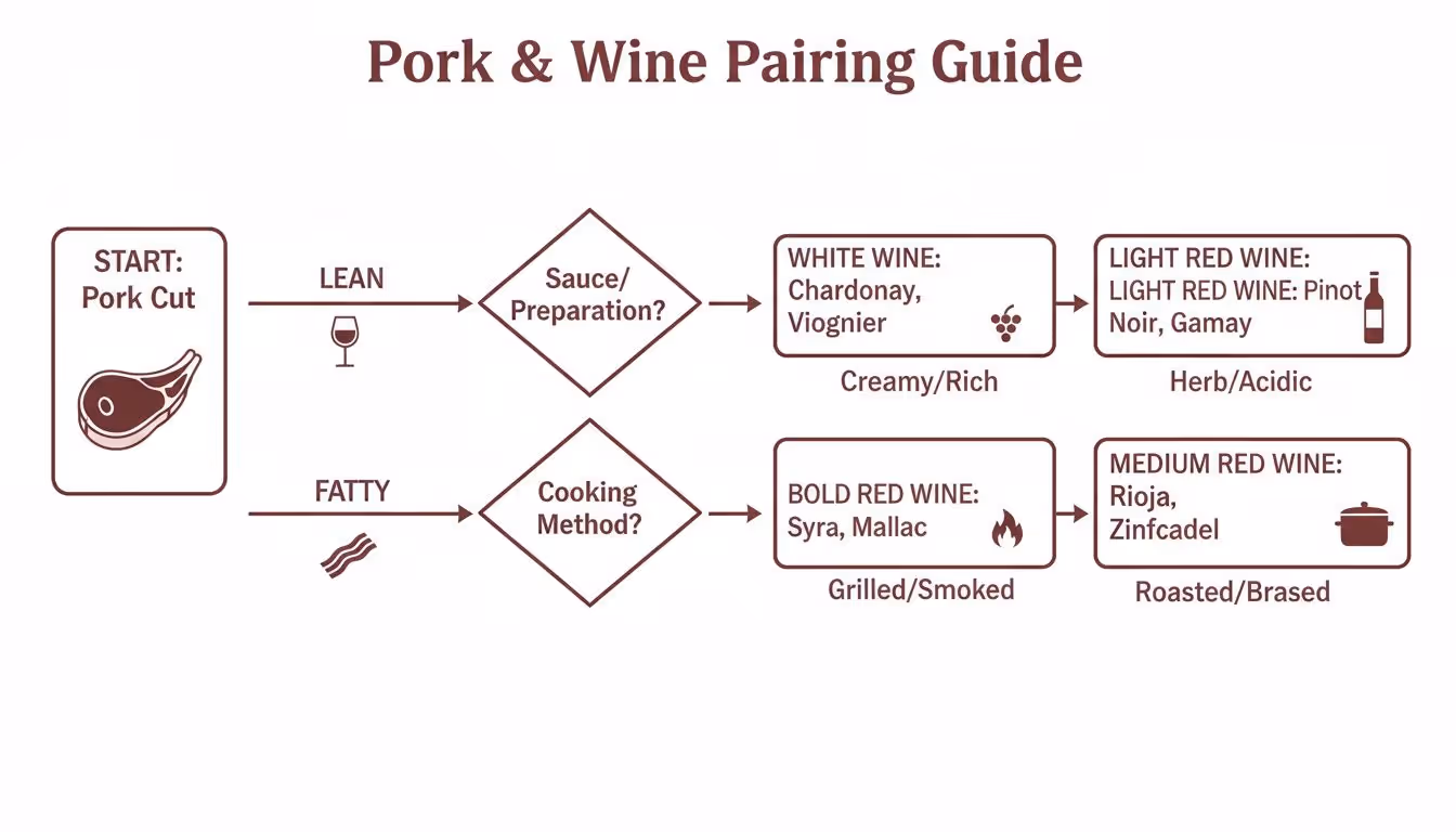 Flowchart illustrating pork and wine pairing recommendations based on cut, preparation, and cooking method.