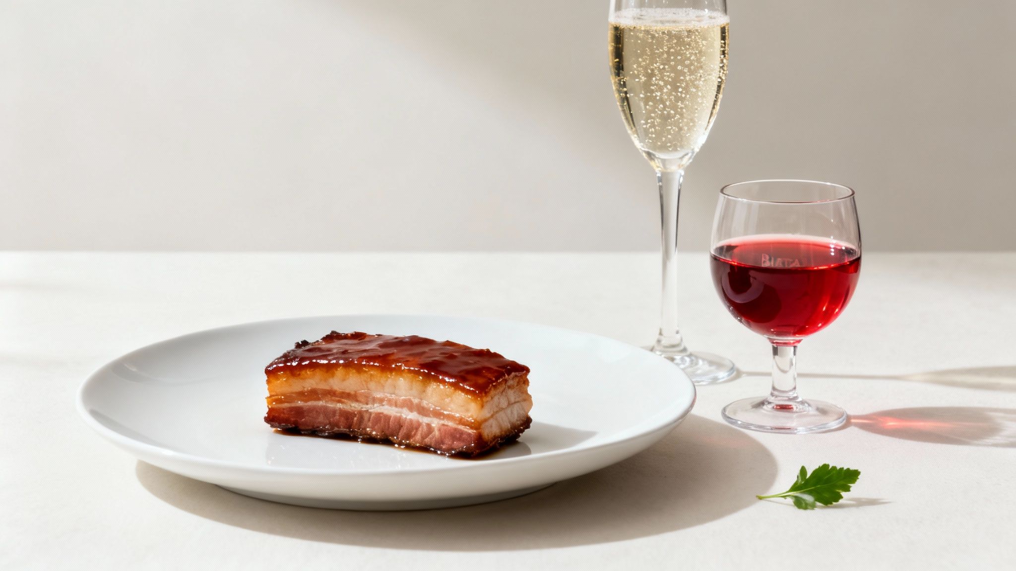Glazed pork belly on a white plate, served with a glass of champagne and red wine.
